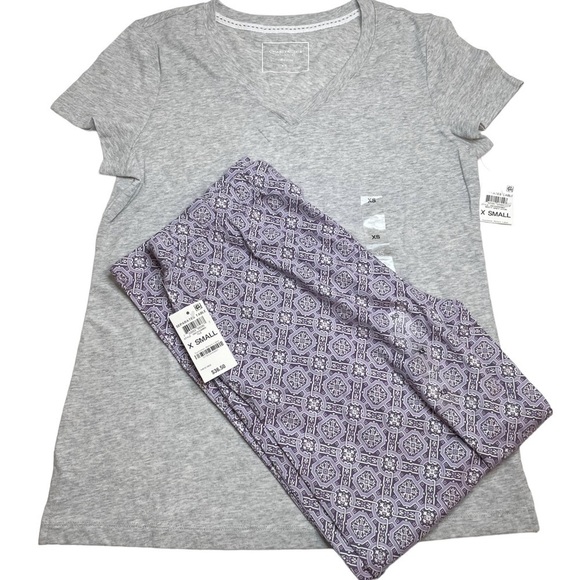 Charter Club Everyday Cotton Knit Pajama Shirt in Grey & Pajama Pants Purple XS - Picture 1 of 12